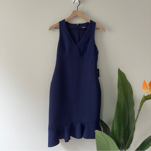 Express Blue asymmetric Ruffled hem Sheath Dress zip up back sleeveless V-neck 4 - Picture 1 of 10